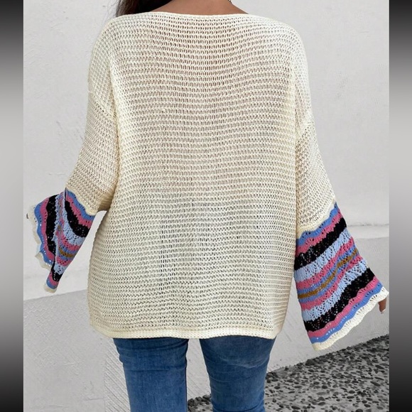 Plus Size Sheer Loose Knit Striped Pattern Drop Shoulder Sweater Top - Picture 2 of 7